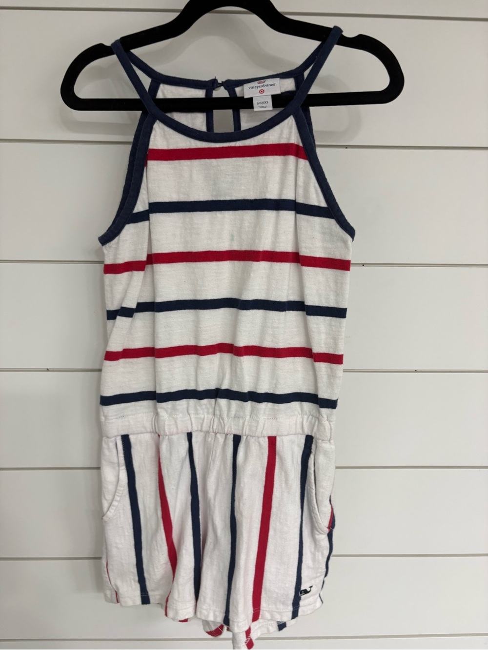 Vineyard Vines White Tank Romper with Navy & Red Stripes